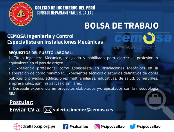 CONVOCATORIA CEMOSA Especialista de Instalaciones Mecánicas CONSEJO